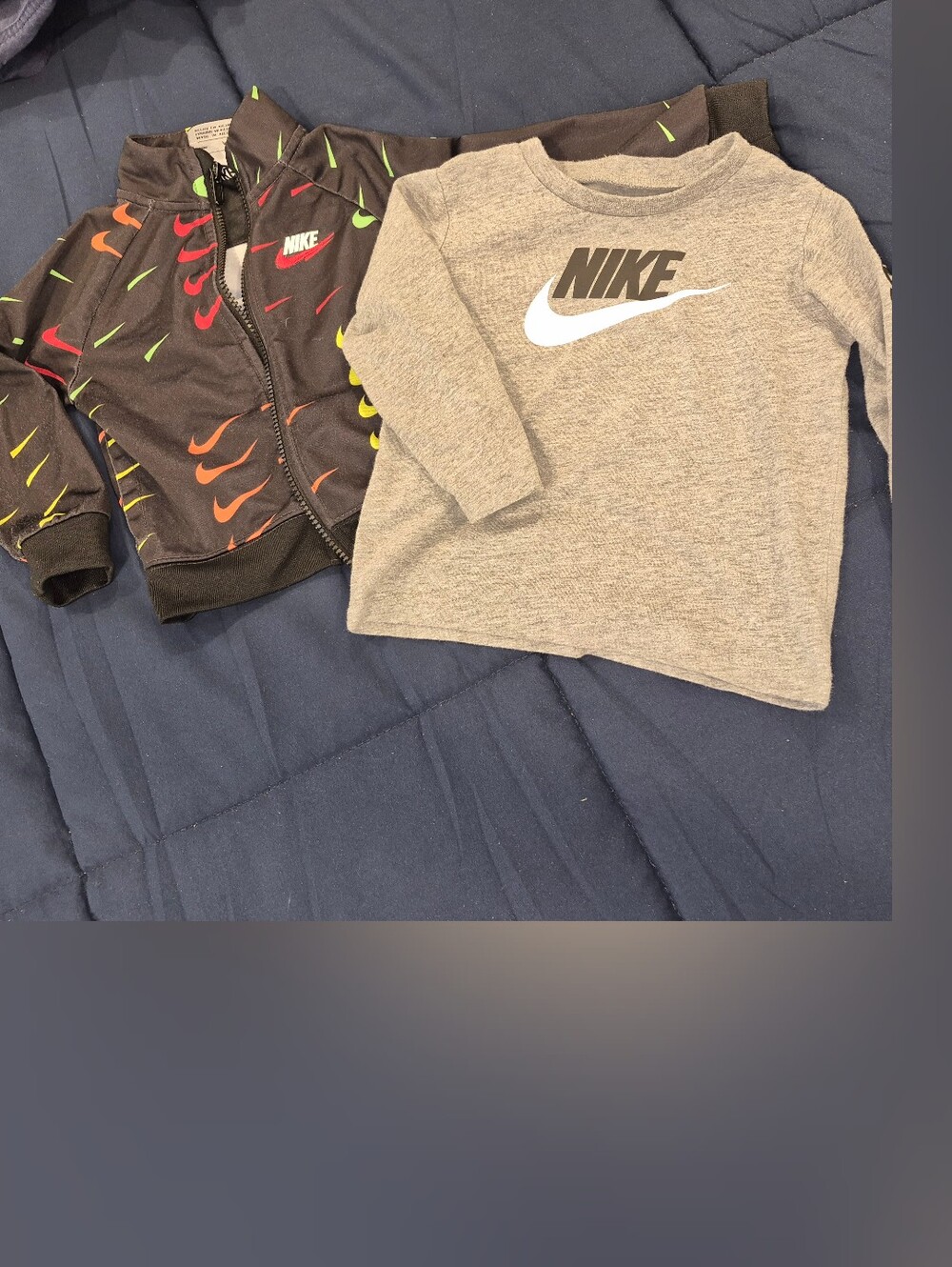 Nike Gray Long Sleeve Tee & Black Swoosh Zip Jacket Set with Neon Accents